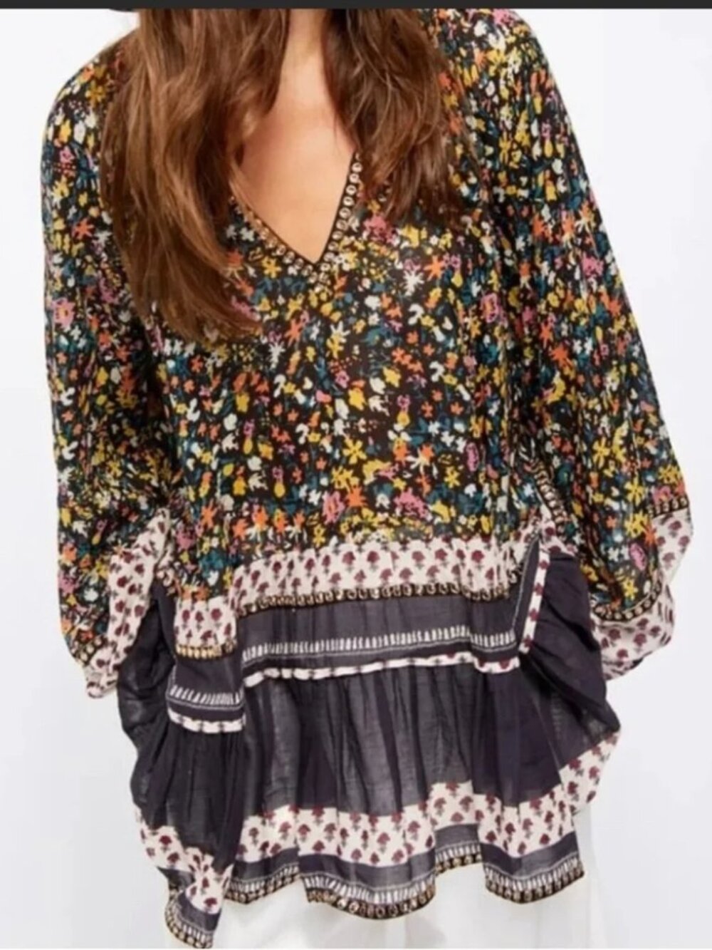 Free People Gardenia Black Multicolor Floral Tunic Dress